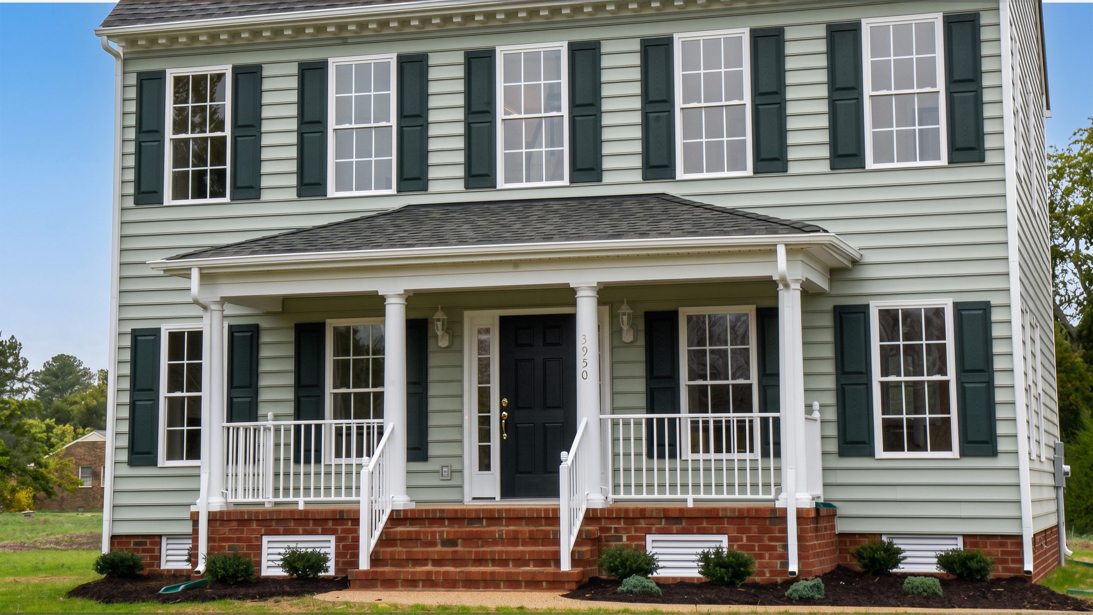 The Bullfinch — a sage green colonial with white columns and a covered front porch