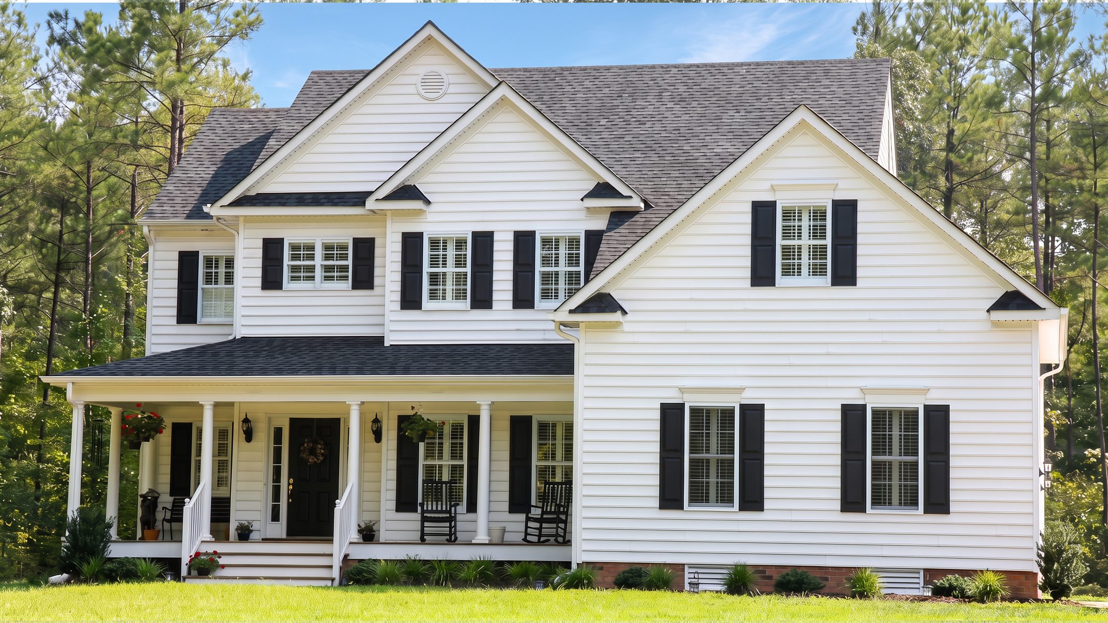 The Courtland — a white farmhouse with a wrap-around porch